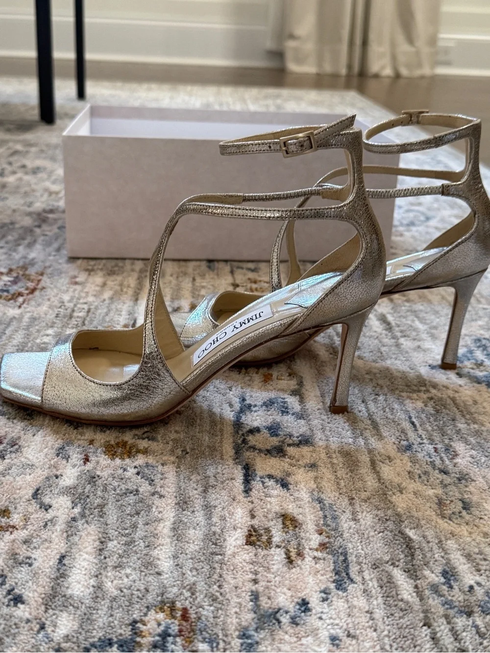 Jimmy Choo Azia Champagne Glitter Leather Sandals - Picture 2 of 10